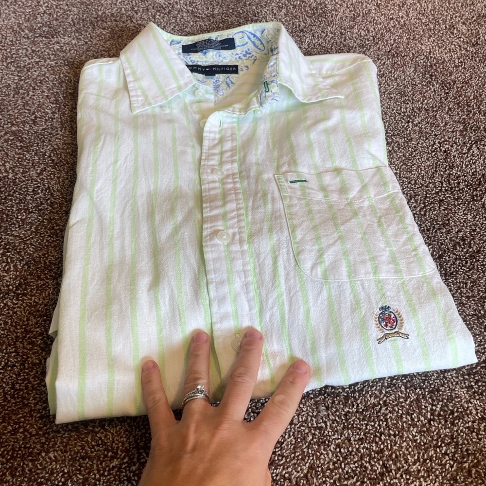 Y2K vintage Tommy Hilfiger Men's cotton/linen/ramie white + lime green Striped L